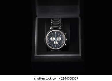 Kyiv, Ukraine - May, 4 2021: Product Shot Of A Long Branded Watch In A Box Isolated On A Black Background