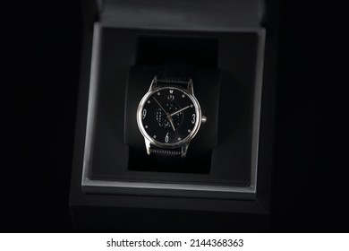 Kyiv, Ukraine - May, 4 2021: Product Shot Of A Long Branded Watch In A Box Isolated On A Black Background