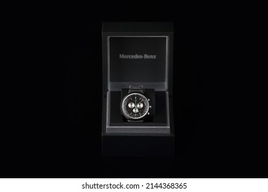 Kyiv, Ukraine - May, 4 2021: Product Shot Of A Long Branded Watch In A Box Isolated On A Black Background