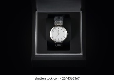 Kyiv, Ukraine - May, 4 2021: Product Shot Of A Long Branded Watch In A Box Isolated On A Black Background