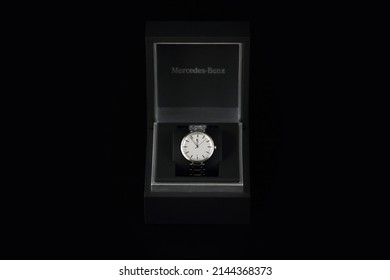 Kyiv, Ukraine - May, 4 2021: Product Shot Of A Long Branded Watch In A Box Isolated On A Black Background