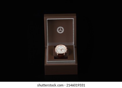 Kyiv, Ukraine - May, 4 2021: Product Shot Of A Long Branded Watch In A Box Isolated On A Black Background