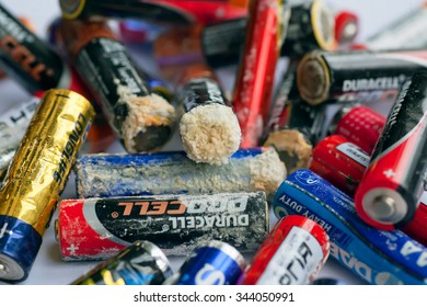 KYIV, UKRAINE - NOV 26: Many Used Batteries With Layer Of Acidification On November 26, 2015. AA Battery Size Was Standardized By The American National Standards Institute In 1947 