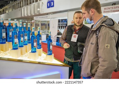 Kyiv, Ukraine - November 04, 2021: People Visit Sho Ukrainian Crafted Vodka Booth At Wine And Spirits, The Main Event For The Wine And Spirits Market In Eastern Europe.