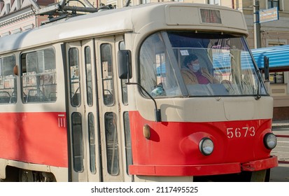 KYIV, UKRAINE - November 07, 2021. Woman Tram Driver In A Protective Mask Against The Virus.