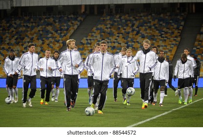 KYIV, UKRAINE - NOVEMBER 10: German National Football Team Players Run During Training Session At NSK Olimpic Stadium On November 10, 2011 In Kyiv, Ukraine