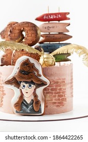 Kyiv, Ukraine - November 13, 2020: Harry Potter Painting On The Gingerbread Cookie. Chocolate Cake With Cream Cheese Frosting. Birthday Cake