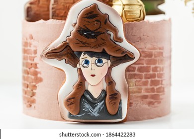 Kyiv, Ukraine - November 13, 2020: Harry Potter Painting On The Gingerbread Cookie. Chocolate Cake With Cream Cheese Frosting. Birthday Cake