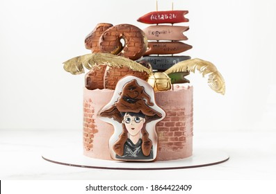 Kyiv, Ukraine - November 13, 2020: Harry Potter Painting On The Gingerbread Cookie. Chocolate Cake With Cream Cheese Frosting. Birthday Cake