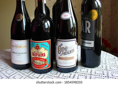 Kyiv, Ukraine - November 15, 2020: The Bottles Of Red Dry Wine From Cabernet, Garnacha And Syrah From Cotes Du Rhone, France, 2018