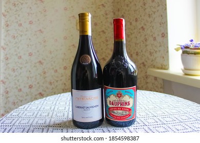 Kyiv, Ukraine - November 15, 2020: The Bottles Of Red Dry Wine From Cabernet, Garnacha And Syrah From Cotes Du Rhone, France, 2018