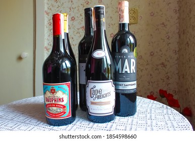 Kyiv, Ukraine - November 15, 2020: The Bottles Of Red Dry Wine From Cabernet, Garnacha And Syrah From Cotes Du Rhone, France, 2018