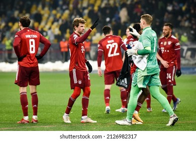 Kyiv, UKRAINE - November 23, 2021:  FC Bayern Munich (Germany) celebrate victory with players during the UEFA Champions League match, Ukraine