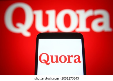 KYIV, UKRAINE - OCTOBER 02, 2021: In this photo illustration Quora logo is seen on a mobile phone and a computer screen.