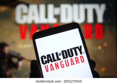 KYIV, UKRAINE - OCTOBER 02, 2021: In this photo illustration Call of Duty: Vanguard logo is seen on a mobile phone in a hand.