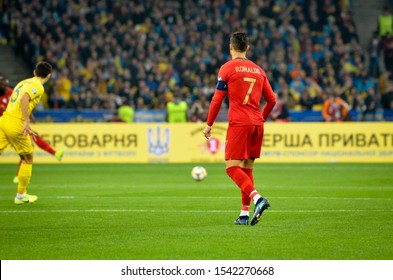 KYIV, UKRAINE - October 14, 2019: Cristiano Ronaldo Drink Water During The UEFA EURO 2020 Qualifying Match Between National Team Ukraine Against Portugal National Team, Ukraine