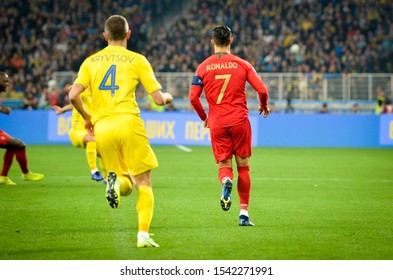 KYIV, UKRAINE - October 14, 2019: Cristiano Ronaldo Drink Water During The UEFA EURO 2020 Qualifying Match Between National Team Ukraine Against Portugal National Team, Ukraine