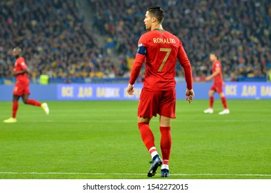 KYIV, UKRAINE - October 14, 2019: Cristiano Ronaldo Drink Water During The UEFA EURO 2020 Qualifying Match Between National Team Ukraine Against Portugal National Team, Ukraine