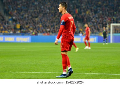 KYIV, UKRAINE - October 14, 2019: Cristiano Ronaldo Drink Water During The UEFA EURO 2020 Qualifying Match Between National Team Ukraine Against Portugal National Team, Ukraine