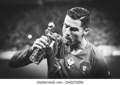 KYIV, UKRAINE - October 14, 2019: Cristiano Ronaldo Drink Water During The UEFA EURO 2020 Qualifying Match Between National Team Ukraine Against Portugal National Team, Ukraine