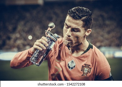 KYIV, UKRAINE - October 14, 2019: Cristiano Ronaldo Drink Water During The UEFA EURO 2020 Qualifying Match Between National Team Ukraine Against Portugal National Team, Ukraine