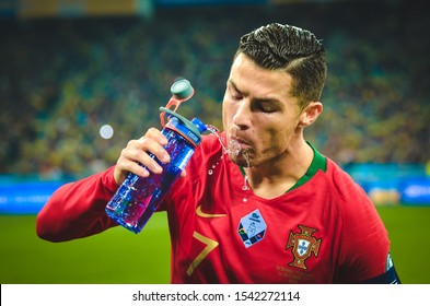 KYIV, UKRAINE - October 14, 2019: Cristiano Ronaldo Drink Water During The UEFA EURO 2020 Qualifying Match Between National Team Ukraine Against Portugal National Team, Ukraine