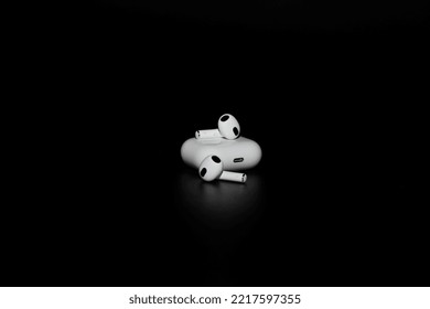 Kyiv, Ukraine - October 14, 2022: Apple AirPods (3rd Generation). True Wireless Earphones, Earbuds From Apple. White Apple AirPods 3 With Spatial Audio On Black Background