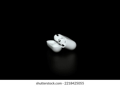 Kyiv, Ukraine - October 14, 2022: Apple AirPods (3rd Generation). True Wireless Earphones, Earbuds From Apple. White Apple AirPods 3 With Spatial Audio On Black Background