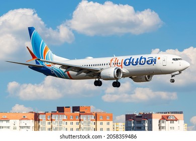 KYIV, UKRAINE - OCTOBER 15 2021: Flydubai Boeing 737 Max landing at Boryspil airport