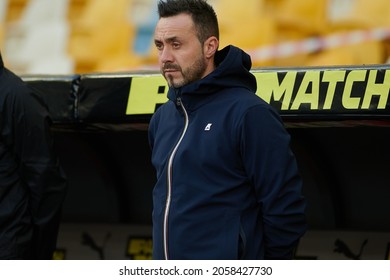 KYIV, UKRAINE - OCTOBER 15, 2021: Coach Roberto De Zerbi. The Football Match Of UPL, FC Shakhtar Donetsk Vs FC Zorya Luhansk