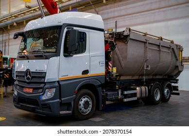 Kyiv, Ukraine - October 15, 2021: Actros F Mercedes-Benz Trucks. Swap Body Truck.