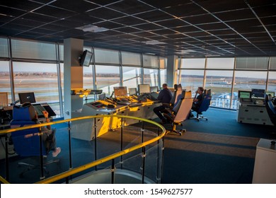 Kyiv, Ukraine - October 18, 2019: Soft Focus. The Workplace Of An Air Traffic Controller. Background -  Airport Dispatch Tower Interior. Aircraft Take-off And Landing Control Service. Boryspil Airport