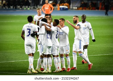 Kyiv, UKRAINE - October 19, 2021:  Real Madrid (Spain) football player celebrate goal scored during the UEFA Champions League match between FC Shakhtar vs Real Madrid (Spain), Ukraine