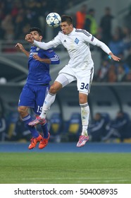 KYIV, UKRAINE - OCTOBER 20, 2015: Yevhen Khacheridi Makes Header While Fight In Air With Diego Costa UEFA Chamions League Group Stage Match Between Dynamo Kyiv And Chelsea