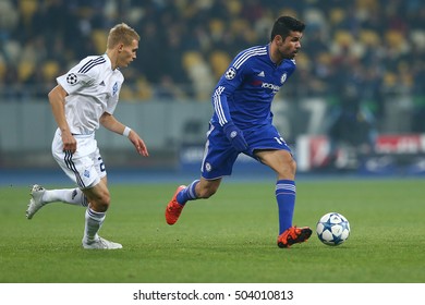 KYIV, UKRAINE - OCTOBER 20, 2015: Diego Costa Runs And Dribbles With Ball, UEFA Chamions League Group Stage Match Between Dynamo Kyiv And Chelsea