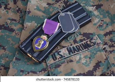 KYIV, UKRAINE - October 20, 2016. US. Purple Heart Award On US MARINES Camouflage Uniform