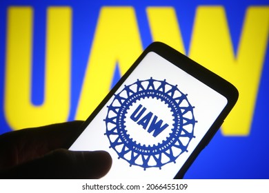 KYIV, UKRAINE - OCTOBER 29, 2021: In This Photo Illustration United Auto Workers (UAW) Logo Is Seen On A Mobile Phone Screen.