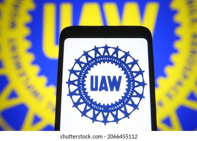 KYIV, UKRAINE - OCTOBER 29, 2021: In This Photo Illustration United Auto Workers (UAW) Logo Is Seen On A Mobile Phone Screen.