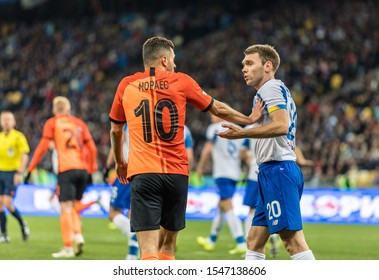 Kyiv, Ukraine - October 30, 2019: Alexander Karavayev of Dynamo Kyiv fighting for the ball with Junior Moraes of Shakhtar during Ukrainian Cup match at NSC Olimpiyskiy stadium.
