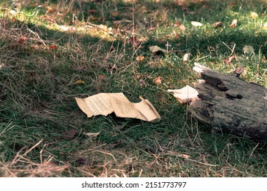 KYIV, UKRAINE -OCTOBER 6, 2021: Torn Pages From A Book On The Ground. A Torn Book Lies In The Grass