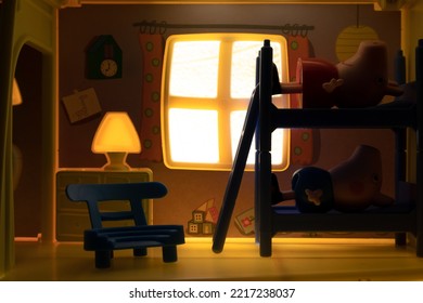 KYIV, UKRAINE - OCTOBER 7, 2022: Morning Sun In The Bedroom Of Peppa Pig And George Piglet. Peppa Pig's Toy House