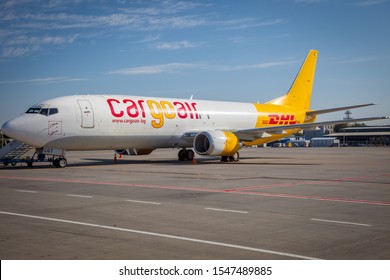 Kyiv, Ukraine - September 10, 2019: Plane DHL. Bulgarian air transportation. Boeing 737-4Y0 (SF), airline Cargo Air. Aircraft - LZ-CGT standing on the runway. Boryspil Airport.  