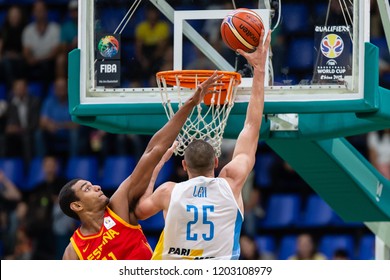 KYIV, UKRAINE - SEPTEMBER 14, 2018: Atlanta Hawks Center Oleksiy Alex Len Beautiful Finish In Post-up With Layup Shot.