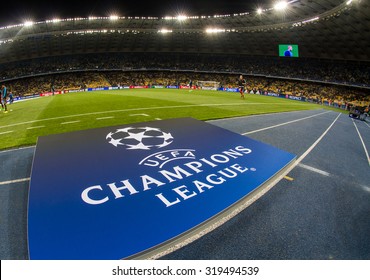 KYIV, UKRAINE - SEPTEMBER 16, 2015: UEFA Champions League Logo On Racetrack Before The Game Between FC Dynamo Kyiv And FC Porto At NSC Olimpiyskyi Stadium