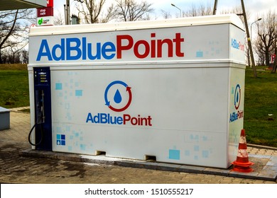 Kyiv, Ukraine - September 16, 2019: The AdBlue tank at the gas station on highway rest stop. AdBlue is a diesel exhaust cleaning fluid for trucks, cars and buses.