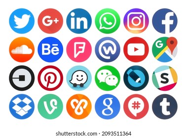 Kyiv, Ukraine - September 27, 2021: Set of original circle Social Media and other icons: Facebook, Twitter, Instagram, Pinterest, Youtube, Behance and others, printed on paper