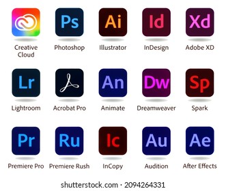 Kyiv, Ukraine - September 27, 2021: Set of popular Adobe apps icons: Creative Cloud, Photoshop, Illustrator, InDesign, Adobe XD and others, printed on paper