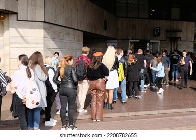 Kyiv, Ukraine - September 30 2022: Line Of People Standing To McDonald’s Restaurant