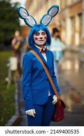 Kyiv, Ukraine September 4: Comic Con 2021, Fandom Festival In Kyiv, Ukraine. Girl Cosplayer In Anime Character Costume, Cyberpunk, Comics.