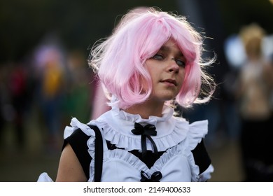 Kyiv, Ukraine September 4: Comic Con 2021, Fandom Festival In Kyiv, Ukraine. Girl Cosplayer In Anime Character Costume, Cyberpunk, Comics.